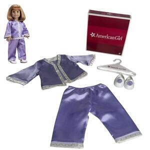 American Girl Doll Nellie Pajamas White Slippers Hanger Purple Top Pant Pjs Box